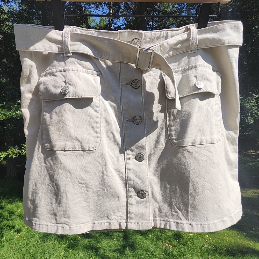 Polo Jeans Ralph Lauren Button Front Mini Skirt Belted Sz 12 Khaki Cream